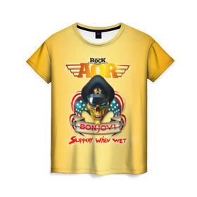 Женская футболка 3D с принтом Bon Jovi, slippery when wet в Новосибирске, 100% полиэфир ( синтетическое хлопкоподобное полотно) | прямой крой, круглый вырез горловины, длина до линии бедер | bon jovi | бон джови | глэм | группа | метал | поп | попрок | рок | софт | хард | хеви | хевиметал