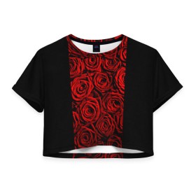 Женская футболка 3D укороченная с принтом Унисекс / Красные розы в Новосибирске, 100% полиэстер | круглая горловина, длина футболки до линии талии, рукава с отворотами | букет | красный | лепестки | модные | полосы | природа | растения | розочки | розы | сад | тренды | цвет | цветы | черный