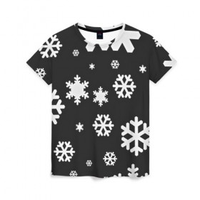 Женская футболка 3D с принтом Снежинки в Новосибирске, 100% полиэфир ( синтетическое хлопкоподобное полотно) | прямой крой, круглый вырез горловины, длина до линии бедер | christmas | new year | santa | дед мороз | елка | елочки | новогодний | новый год | рождество | сантаклаус | снег | снежинки