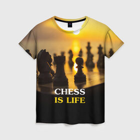 Женская футболка 3D с принтом Шахматы - это жизнь в Новосибирске, 100% полиэфир ( синтетическое хлопкоподобное полотно) | прямой крой, круглый вырез горловины, длина до линии бедер | chess | game | sport | гроссмейстер | закат | игра | интеллект | солнце | спорт | фигура | шахматист | шахматы