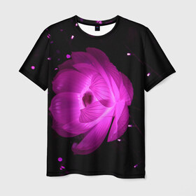 Мужская футболка 3D с принтом Цветок в Новосибирске, 100% полиэфир | прямой крой, круглый вырез горловины, длина до линии бедер | лепестки | модные | природа | растения | розовый | тренды | фон | цвет | цветок | цветы | черный