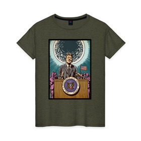 Женская футболка хлопок с принтом Джон Кеннеди в Новосибирске, 100% хлопок | прямой крой, круглый вырез горловины, длина до линии бедер, слегка спущенное плечо | apollo | nasa | usa | аполлон | высадка на луну | космическая гонка | луна | лунная программа | наса | президент америки | сша