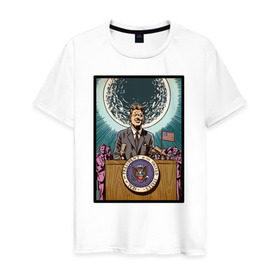 Мужская футболка хлопок с принтом Джон Кеннеди в Новосибирске, 100% хлопок | прямой крой, круглый вырез горловины, длина до линии бедер, слегка спущенное плечо. | apollo | nasa | usa | аполлон | высадка на луну | космическая гонка | луна | лунная программа | наса | президент америки | сша