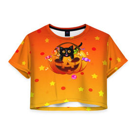 Женская футболка 3D укороченная с принтом Happy Halloween! в Новосибирске, 100% полиэстер | круглая горловина, длина футболки до линии талии, рукава с отворотами | 31 октября | cat | halloween | абстракция | арт | животные | звезды | котики | коты | кошки | милые | праздник | тыква | хэллоуин