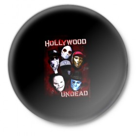 Значок с принтом Группа Hollywood Undead в Новосибирске,  металл | круглая форма, металлическая застежка в виде булавки | charlie scene | danny | funny man | hollywood | j dog | johnny 3 tears | undead | альтернативный | андед | голивуд | голливудская | группа | кранккор | метал | нежить | ню | реп | рок | рэп | рэпкор