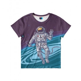 Детская футболка 3D с принтом Привет из космоса в Новосибирске, 100% гипоаллергенный полиэфир | прямой крой, круглый вырез горловины, длина до линии бедер, чуть спущенное плечо, ткань немного тянется | астронавт | галактика | звезды | космонавт | космос