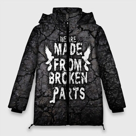 Женская зимняя куртка 3D с принтом Мы сделаны из сломанных деталей в Новосибирске, верх — 100% полиэстер; подкладка — 100% полиэстер; утеплитель — 100% полиэстер | длина ниже бедра, силуэт Оверсайз. Есть воротник-стойка, отстегивающийся капюшон и ветрозащитная планка. 

Боковые карманы с листочкой на кнопках и внутренний карман на молнии | charlie scene | danny | funny man | hollywood | j dog | johnny 3 tears | undead | we are made from broken parts | альтернативный | андед | асфальт | голивуд | голливудская | группа | кранккор | метал | надпись | нежить | ню | реп | рок | рэп | рэпкор
