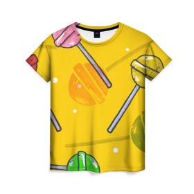 Женская футболка 3D с принтом Чупа-Чупс в Новосибирске, 100% полиэфир ( синтетическое хлопкоподобное полотно) | прямой крой, круглый вырез горловины, длина до линии бедер | конфеты | леденец | паттерн | сладость | узор | чупа чупс