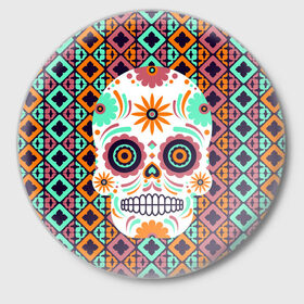 Значок с принтом Цветочный череп в Новосибирске,  металл | круглая форма, металлическая застежка в виде булавки | skull | мексика | орнамент | узоры | цветы | череп