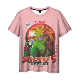 Мужская футболка 3D с принтом Годзилла в Новосибирске, 100% полиэфир | прямой крой, круглый вырез горловины, длина до линии бедер | Тематика изображения на принте: lizard | raptor | reptar | t rex  dino | годзила | годзилла | динозавр | иероглифы | монстр | япония | ящер
