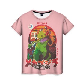 Женская футболка 3D с принтом Годзилла в Новосибирске, 100% полиэфир ( синтетическое хлопкоподобное полотно) | прямой крой, круглый вырез горловины, длина до линии бедер | lizard | raptor | reptar | t rex  dino | годзила | годзилла | динозавр | иероглифы | монстр | япония | ящер