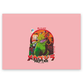 Поздравительная открытка с принтом Годзилла в Новосибирске, 100% бумага | плотность бумаги 280 г/м2, матовая, на обратной стороне линовка и место для марки
 | lizard | raptor | reptar | t rex  dino | годзила | годзилла | динозавр | иероглифы | монстр | япония | ящер