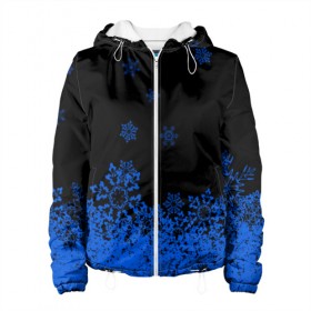 Женская куртка 3D с принтом Голубые снежинки в Новосибирске, ткань верха — 100% полиэстер, подклад — флис | прямой крой, подол и капюшон оформлены резинкой с фиксаторами, два кармана без застежек по бокам, один большой потайной карман на груди. Карман на груди застегивается на липучку | 
