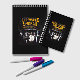 Блокнот с принтом Hollywood Undead Underground в Новосибирске, 100% бумага | 48 листов, плотность листов — 60 г/м2, плотность картонной обложки — 250 г/м2. Листы скреплены удобной пружинной спиралью. Цвет линий — светло-серый
 | Тематика изображения на принте: charlie scene | danny | funny man | hollywood | j dog | johnny 3 tears | undead | альтернативный | андед | голивуд | голливудская | группа | кранккор | метал | нежить | ню | реп | рок | рэп | рэпкор