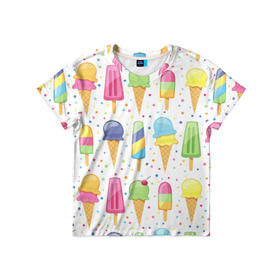 Детская футболка 3D с принтом мороженное в Новосибирске, 100% гипоаллергенный полиэфир | прямой крой, круглый вырез горловины, длина до линии бедер, чуть спущенное плечо, ткань немного тянется | Тематика изображения на принте: dessert | food | ice cream | sweets | десерт | еда | мороженное | сладости