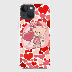 Чехол для iPhone 13 mini с принтом kitty в Новосибирске,  |  | Тематика изображения на принте: cat | kitty | love | бантик | кошечка | любовь | сердечки