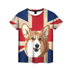 Женская футболка 3D с принтом Королевский корги в Новосибирске, 100% полиэфир ( синтетическое хлопкоподобное полотно) | прямой крой, круглый вырез горловины, длина до линии бедер | англия | великобритания | вельш корги | корги | корги пемброк | королева | пемброк | собака | флаг