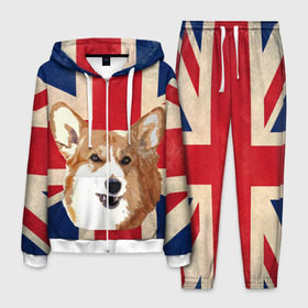 Мужской костюм 3D с принтом Королевский корги в Новосибирске, 100% полиэстер | Манжеты и пояс оформлены тканевой резинкой, двухслойный капюшон со шнурком для регулировки, карманы спереди | англия | великобритания | вельш корги | корги | корги пемброк | королева | пемброк | собака | флаг