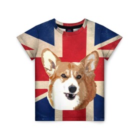 Детская футболка 3D с принтом Королевский корги в Новосибирске, 100% гипоаллергенный полиэфир | прямой крой, круглый вырез горловины, длина до линии бедер, чуть спущенное плечо, ткань немного тянется | англия | великобритания | вельш корги | корги | корги пемброк | королева | пемброк | собака | флаг