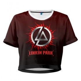 Женская футболка 3D укороченная с принтом Красно-черный Linkin Park в Новосибирске, 100% полиэстер | круглая горловина, длина футболки до линии талии, рукава с отворотами | 