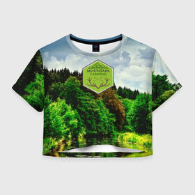 Женская футболка 3D укороченная с принтом Mountain Camping в Новосибирске, 100% полиэстер | круглая горловина, длина футболки до линии талии, рукава с отворотами | mountain | возвышение | возвышенность | гора | горка | горы | лес | природа | склон | туман | холм
