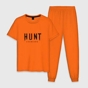 Мужская пижама хлопок с принтом Hunt: Showdown Black Logo в Новосибирске, 100% хлопок | брюки и футболка прямого кроя, без карманов, на брюках мягкая резинка на поясе и по низу штанин
 | Тематика изображения на принте: crytek | game | hunt | hunt: showdown | hunter | monsters | showdown | игра | крайтек | охота | столкновение