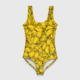 Купальник-боди 3D с принтом Бананы в Новосибирске, 82% полиэстер, 18% эластан | Круглая горловина, круглый вырез на спине | Тематика изображения на принте: banana | vegan | банан | веган | желтый | паттерн | текстура | фрукт
