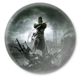 Значок с принтом Dishonored 2 в Новосибирске,  металл | круглая форма, металлическая застежка в виде булавки | Тематика изображения на принте: dunwall | дануолл | корво аттано