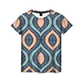Женская футболка 3D с принтом Восточные узоры в Новосибирске, 100% полиэфир ( синтетическое хлопкоподобное полотно) | прямой крой, круглый вырез горловины, длина до линии бедер | бежевый | кружево | мода | модные | синий | узоры | цвет | цветные | яркие