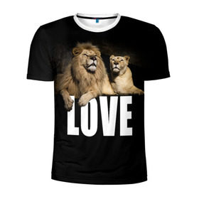 Мужская футболка 3D спортивная с принтом LOVE в Новосибирске, 100% полиэстер с улучшенными характеристиками | приталенный силуэт, круглая горловина, широкие плечи, сужается к линии бедра | влюблённые | дикая кошка | животные | лев | львица | любовь | пара | природа | свадьба
