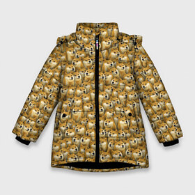 Зимняя куртка для девочек 3D с принтом Собачки Doge в Новосибирске, ткань верха — 100% полиэстер; подклад — 100% полиэстер, утеплитель — 100% полиэстер. | длина ниже бедра, удлиненная спинка, воротник стойка и отстегивающийся капюшон. Есть боковые карманы с листочкой на кнопках, утяжки по низу изделия и внутренний карман на молнии. 

Предусмотрены светоотражающий принт на спинке, радужный светоотражающий элемент на пуллере молнии и на резинке для утяжки. | doge | meme | доги | желтый | мем | паттерн | пёс | собака | текстура