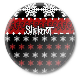 Значок с принтом Праздничный Slipknot в Новосибирске,  металл | круглая форма, металлическая застежка в виде булавки | slipknot | альтернативный метал | андерс | грув метал | колсефни | кори | красный | метал | музыка | новогодний | новый год | ню метал | рождество | рок | слипкнот | снежинки | тейлор