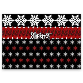Поздравительная открытка с принтом Праздничный Slipknot в Новосибирске, 100% бумага | плотность бумаги 280 г/м2, матовая, на обратной стороне линовка и место для марки
 | slipknot | альтернативный метал | андерс | грув метал | колсефни | кори | красный | метал | музыка | новогодний | новый год | ню метал | рождество | рок | слипкнот | снежинки | тейлор