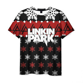 Мужская футболка 3D с принтом Праздничный Linkin Park в Новосибирске, 100% полиэфир | прямой крой, круглый вырез горловины, длина до линии бедер | b | chester | linkin park | альтернативный метал | альтернативный рок | беннингтон | группа | знак | красный | линкин парк | музыкант | надпись | новогодний | новый год | ню метал | певец | праздник | рождество