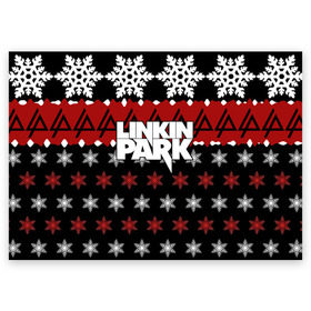 Поздравительная открытка с принтом Праздничный Linkin Park в Новосибирске, 100% бумага | плотность бумаги 280 г/м2, матовая, на обратной стороне линовка и место для марки
 | b | chester | linkin park | альтернативный метал | альтернативный рок | беннингтон | группа | знак | красный | линкин парк | музыкант | надпись | новогодний | новый год | ню метал | певец | праздник | рождество