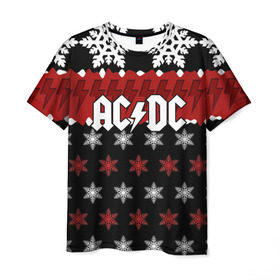 Мужская футболка 3D с принтом Праздничный AC/DC в Новосибирске, 100% полиэфир | прямой крой, круглый вырез горловины, длина до линии бедер | ac dc | acdc | for those about to ro | австралийская | ангус янг | блюз рок | головы | группа | знак | красный | крис слэйд | музыканты | надпись | новогодний | новый год | певцы | праздник | рождество | рок | рок н ролл