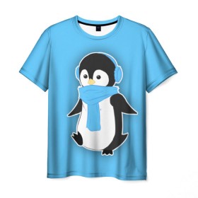 Мужская футболка 3D с принтом Penguin blue в Новосибирске, 100% полиэфир | прямой крой, круглый вырез горловины, длина до линии бедер | Тематика изображения на принте: blue | cartoon | penguin | милый | мультик | мультфильм | пингвин | рисунок