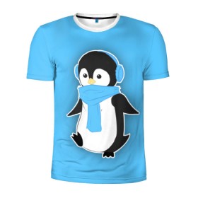 Мужская футболка 3D спортивная с принтом Penguin blue в Новосибирске, 100% полиэстер с улучшенными характеристиками | приталенный силуэт, круглая горловина, широкие плечи, сужается к линии бедра | Тематика изображения на принте: blue | cartoon | penguin | милый | мультик | мультфильм | пингвин | рисунок