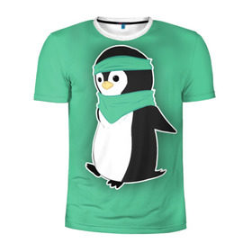 Мужская футболка 3D спортивная с принтом Penguin green в Новосибирске, 100% полиэстер с улучшенными характеристиками | приталенный силуэт, круглая горловина, широкие плечи, сужается к линии бедра | Тематика изображения на принте: cartoon | green | penguin | зеленый | милый | мультик | мультфильм | пингвин | рисунок