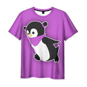 Мужская футболка 3D с принтом Penguin purple в Новосибирске, 100% полиэфир | прямой крой, круглый вырез горловины, длина до линии бедер | Тематика изображения на принте: cartoon | penguin | purple | милый | мультик | мультфильм | пингвин | рисунок | фиолетовый