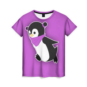 Женская футболка 3D с принтом Penguin purple в Новосибирске, 100% полиэфир ( синтетическое хлопкоподобное полотно) | прямой крой, круглый вырез горловины, длина до линии бедер | cartoon | penguin | purple | милый | мультик | мультфильм | пингвин | рисунок | фиолетовый