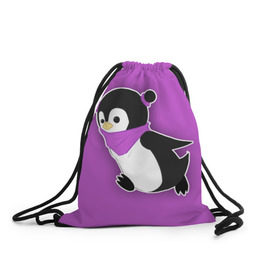 Рюкзак-мешок 3D с принтом Penguin purple в Новосибирске, 100% полиэстер | плотность ткани — 200 г/м2, размер — 35 х 45 см; лямки — толстые шнурки, застежка на шнуровке, без карманов и подкладки | cartoon | penguin | purple | милый | мультик | мультфильм | пингвин | рисунок | фиолетовый