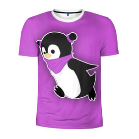 Мужская футболка 3D спортивная с принтом Penguin purple в Новосибирске, 100% полиэстер с улучшенными характеристиками | приталенный силуэт, круглая горловина, широкие плечи, сужается к линии бедра | cartoon | penguin | purple | милый | мультик | мультфильм | пингвин | рисунок | фиолетовый