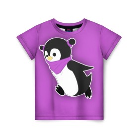 Детская футболка 3D с принтом Penguin purple в Новосибирске, 100% гипоаллергенный полиэфир | прямой крой, круглый вырез горловины, длина до линии бедер, чуть спущенное плечо, ткань немного тянется | Тематика изображения на принте: cartoon | penguin | purple | милый | мультик | мультфильм | пингвин | рисунок | фиолетовый