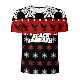 Мужская футболка 3D спортивная с принтом Праздничный Black Sabbath в Новосибирске, 100% полиэстер с улучшенными характеристиками | приталенный силуэт, круглая горловина, широкие плечи, сужается к линии бедра | black sabbath | группа | новогодний | новый год | рождество | свитер | снежинки | хард рок | хеви метал