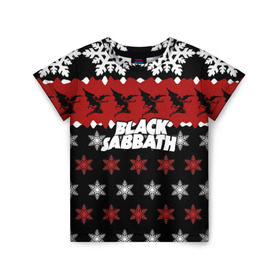Детская футболка 3D с принтом Праздничный Black Sabbath в Новосибирске, 100% гипоаллергенный полиэфир | прямой крой, круглый вырез горловины, длина до линии бедер, чуть спущенное плечо, ткань немного тянется | black sabbath | группа | новогодний | новый год | рождество | свитер | снежинки | хард рок | хеви метал