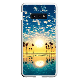 Чехол для Samsung S10E с принтом Туристический Рай в Новосибирске, Силикон | Область печати: задняя сторона чехла, без боковых панелей | блик | вода | волна | восход | закат | море | небо | облако | отблеск | отпуск | отражение | пальма | солнце | турист