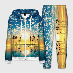 Мужской костюм 3D с принтом Туристический Рай в Новосибирске, 100% полиэстер | Манжеты и пояс оформлены тканевой резинкой, двухслойный капюшон со шнурком для регулировки, карманы спереди | блик | вода | волна | восход | закат | море | небо | облако | отблеск | отпуск | отражение | пальма | солнце | турист