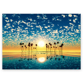 Поздравительная открытка с принтом Туристический Рай в Новосибирске, 100% бумага | плотность бумаги 280 г/м2, матовая, на обратной стороне линовка и место для марки
 | блик | вода | волна | восход | закат | море | небо | облако | отблеск | отпуск | отражение | пальма | солнце | турист