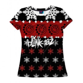 Женская футболка 3D с принтом Праздничный Blink-182 в Новосибирске, 100% полиэфир ( синтетическое хлопкоподобное полотно) | прямой крой, круглый вырез горловины, длина до линии бедер | Тематика изображения на принте: blink | альтернативный рок | блинк | группа | знак | красный | марк хоппус | музыка | мэтт скиба | надпись | новогодний | новый год | панк | панк рок | песни | поп панк | праздник | рождество | рок